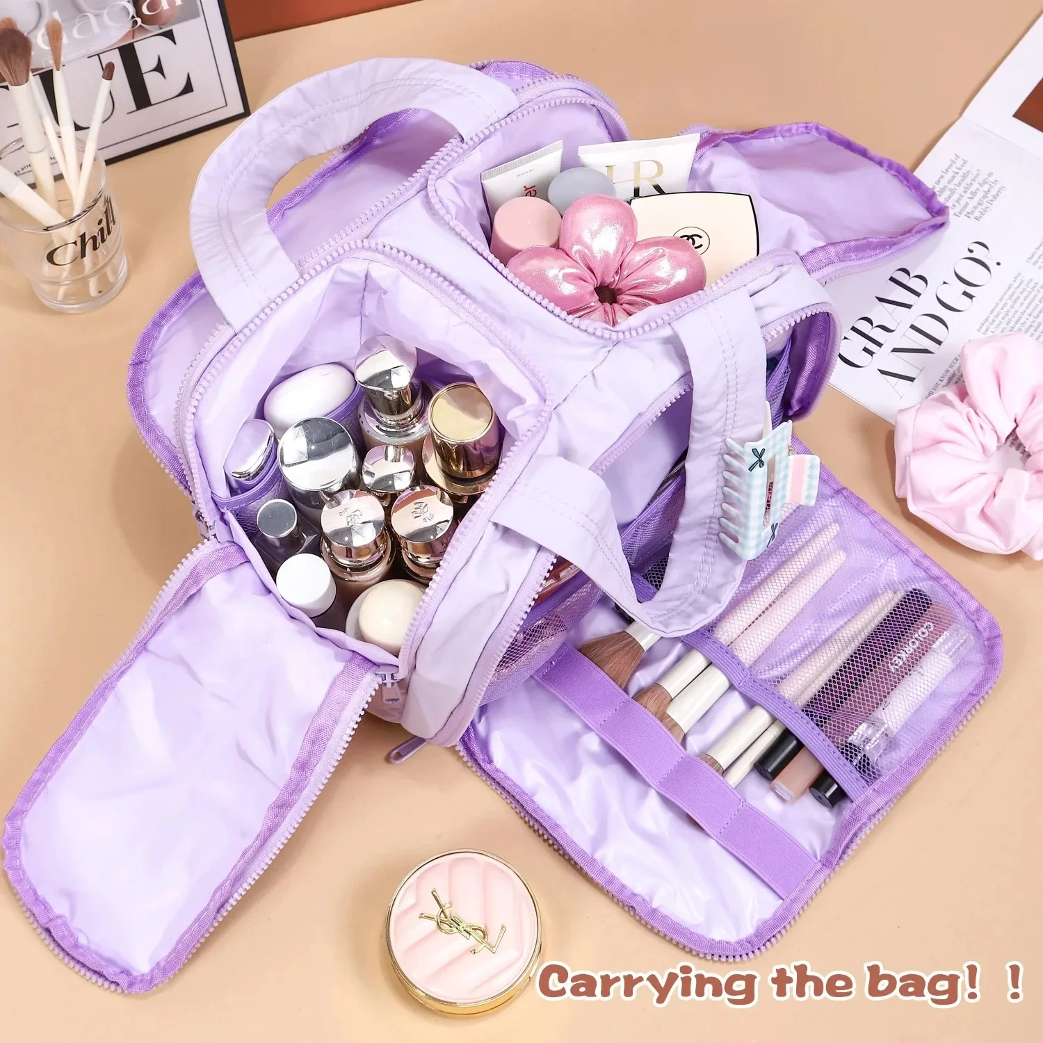 Bolsa de maquillaje ligera con 4 compartimentos, bolsa de almacenamiento varios de viaje para mujer, organizador de mano, bolsa de cosméticos, bolsa de lavado