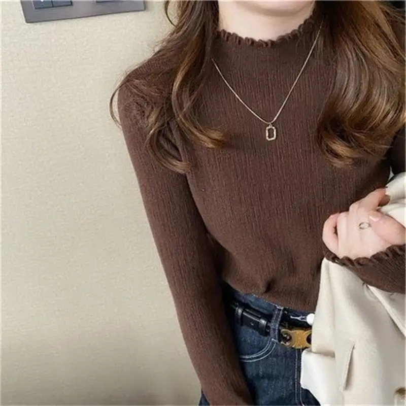 

Half high neck sweater pullover women autumn with wooden ear edge long sleeve base coat solid knit sweater pullover female top