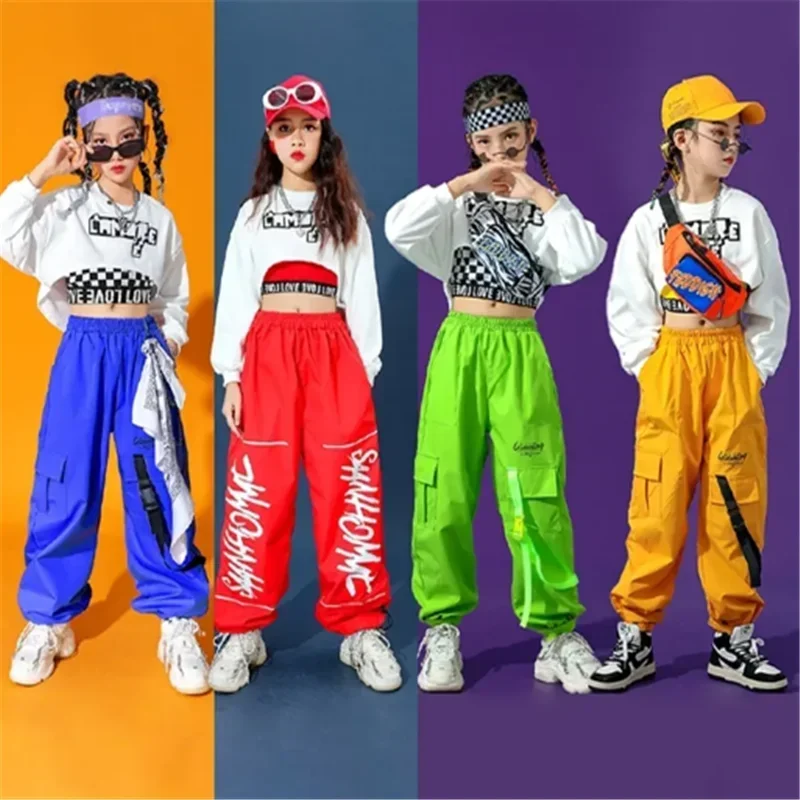 Crop Top Bambino Streetwear Cheerleader Solid Jogging Bambini Jazz Street Dance Stage Set di vestiti Hip Hop Ragazze Pantaloni cargo colorati