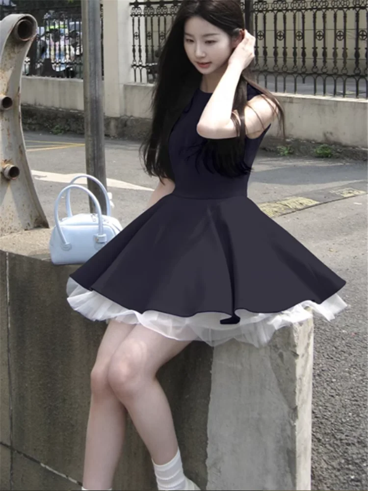 

Celebrity Lady Bithday Party Blue Black Ball Gown Mesh Patchwork A Line Dress Summer Sleeveless O Neck Mini Fluffy Tank Dress