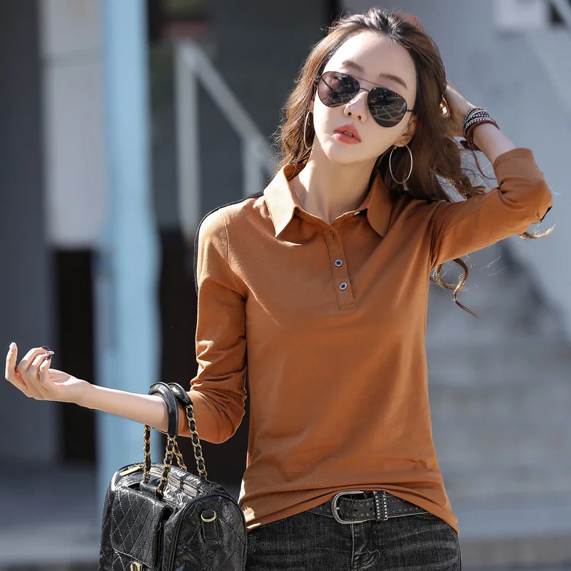 

Новинка весна-осень хлопковая рубашка-поло с отворотом Женская облегающая футболка большого размера с длинным рукавом Топ Верхняя одежда Базовая рубашка
