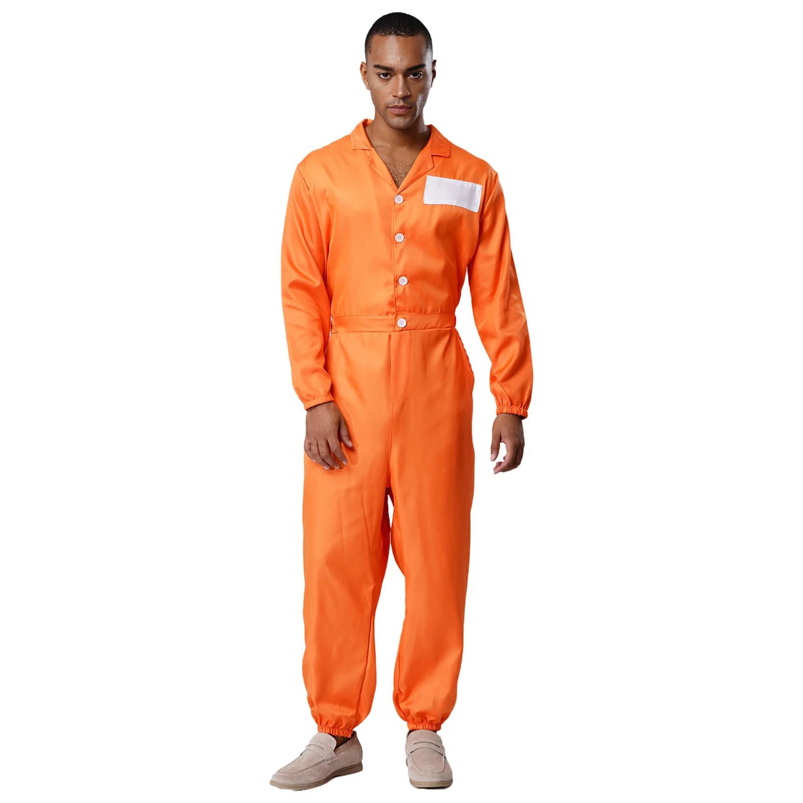 

Unisex Adult Authentic Prison Jumpsuit Costume with Lapel Collar And Long Sleeve Bodysuit for Halloween Parties And Theme Events