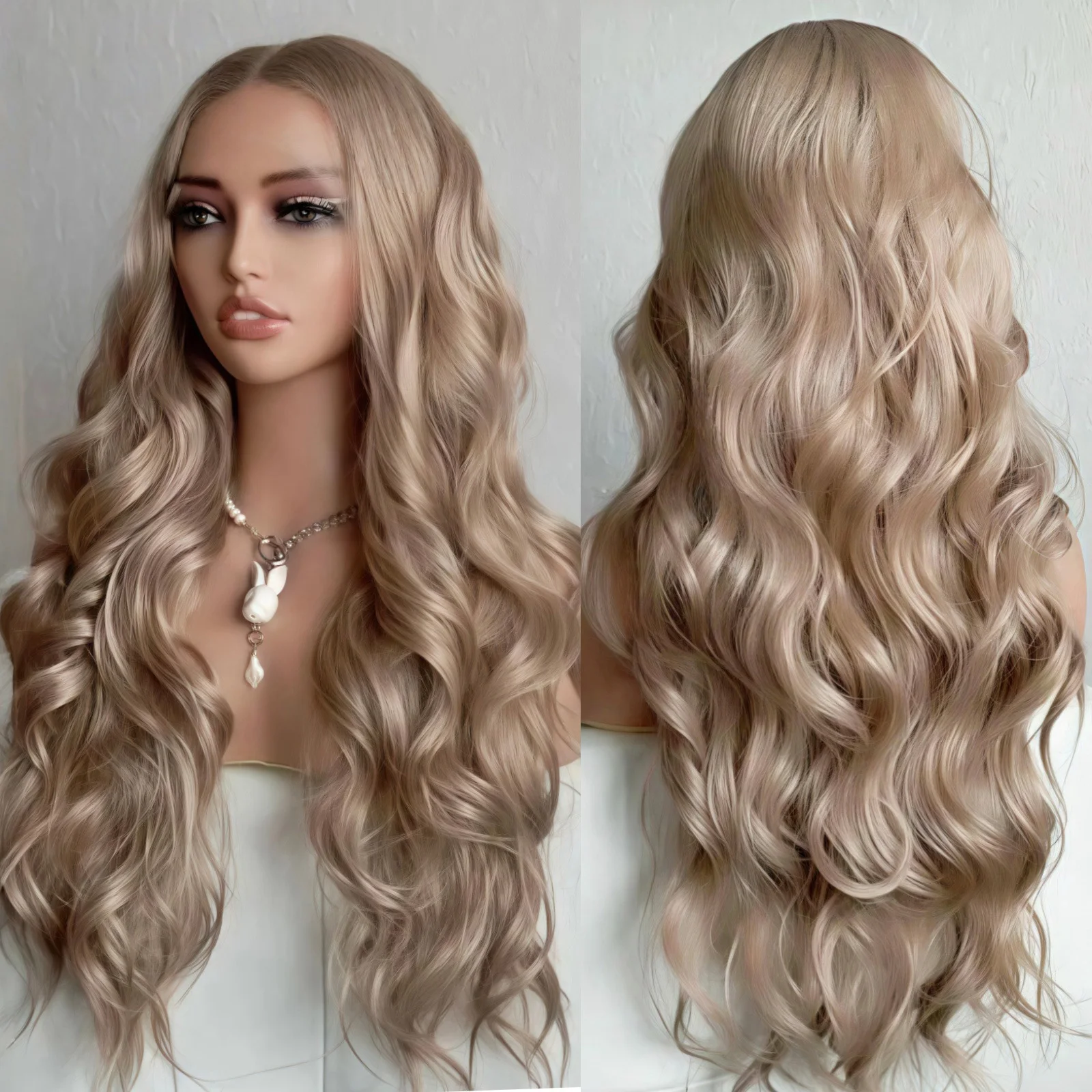 

Грязный блондин, длинные вьющиеся волнистые синтетические 13X4, свободные объемные волны, синтетические парики спереди для женщин, средняя часть, пепельно-русый, бесклеевой