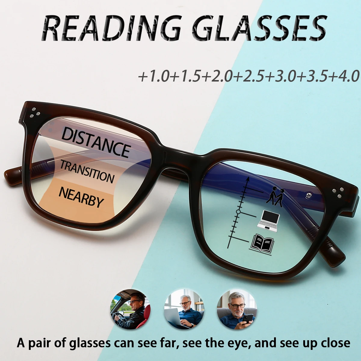 

Fytoo Dark Brown Square Anti Blue Light Reading Glasses,Progressive Multifocal,+1.0 - +4.0,Perfect for Daily Office Use