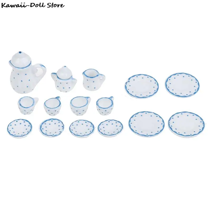 15Pcs 1/12 Dollhouse Miniature Ceramic Tea Cup Tableware Set Kitchen Flower Patten Porcelain Coffee Cup Pot Accessories Kids Toy