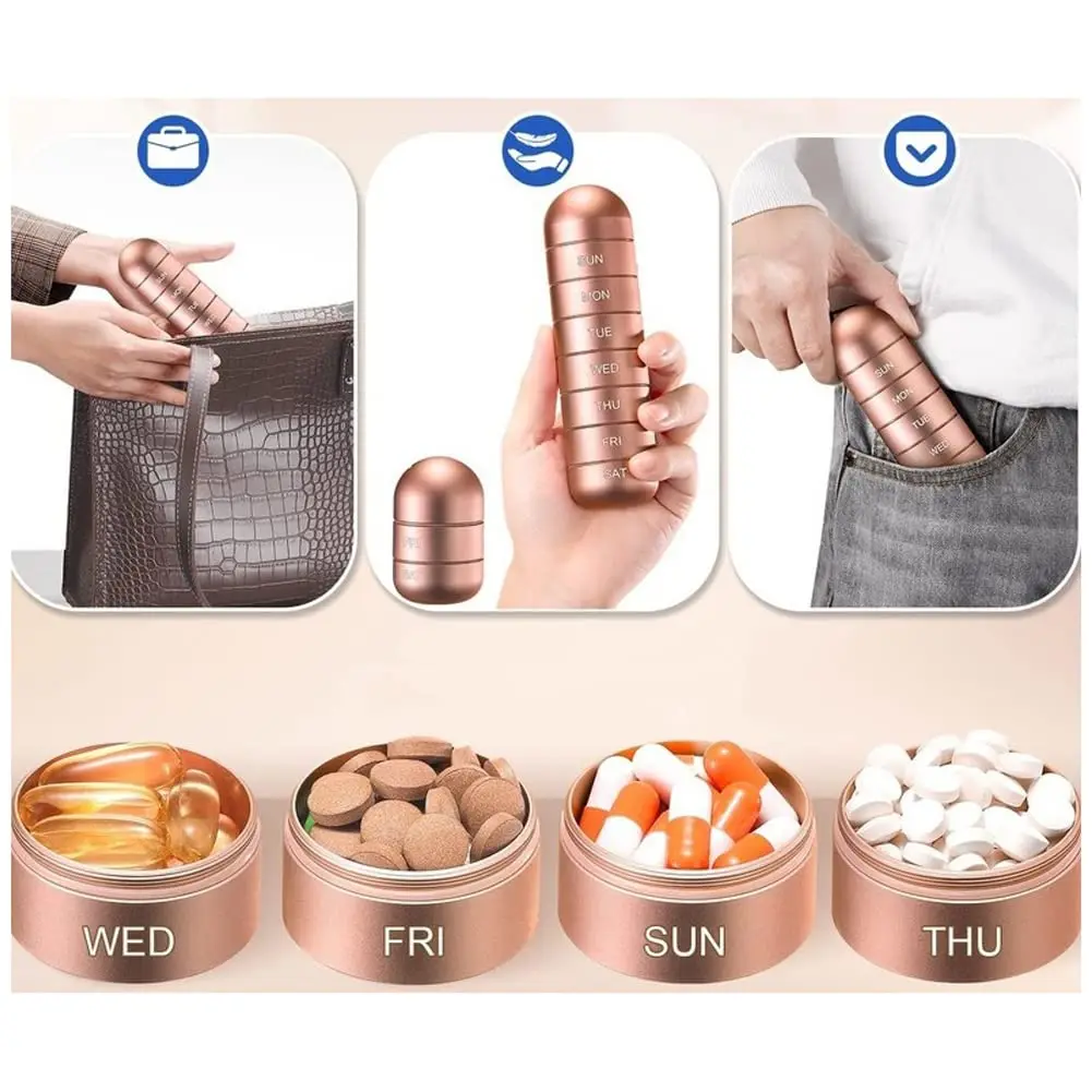 Weekly Portable Pill Case for Travel Metal Pill Bottle Organizer Waterproof 7 Day Pill Box Case Container Medicine Organizer