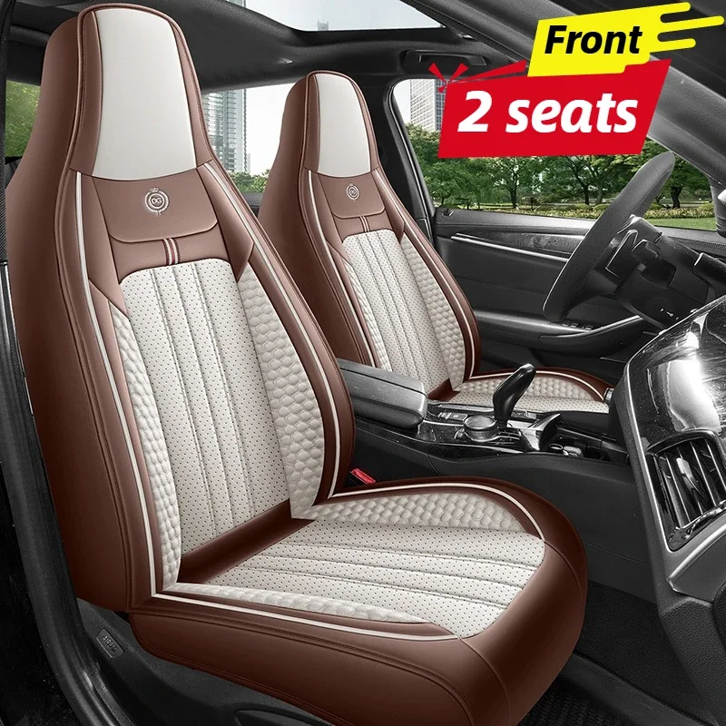 2Pcs Premium PU Leather Front Seat Covers 3D Full Wrap One-Piece Headrest Universal Fit for Most Integrated Seats