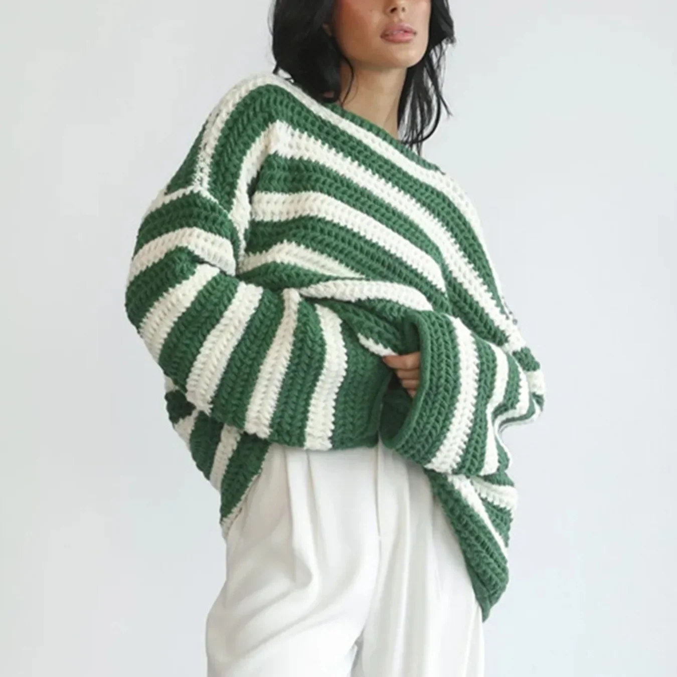 Loose Striped Contrast Stitching Knitted Pullover Sweaters Fashionable Korean Casual Long-sleeved Tops Oversized Sweater Women