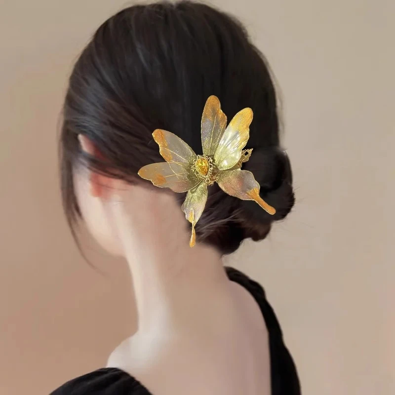 

Glazed Withered Leaf Butterfly Hair Clip Niche Design Temperament Hanfu Side Clip Chinese Retro Heat Shrink Butterfly Hair Clip