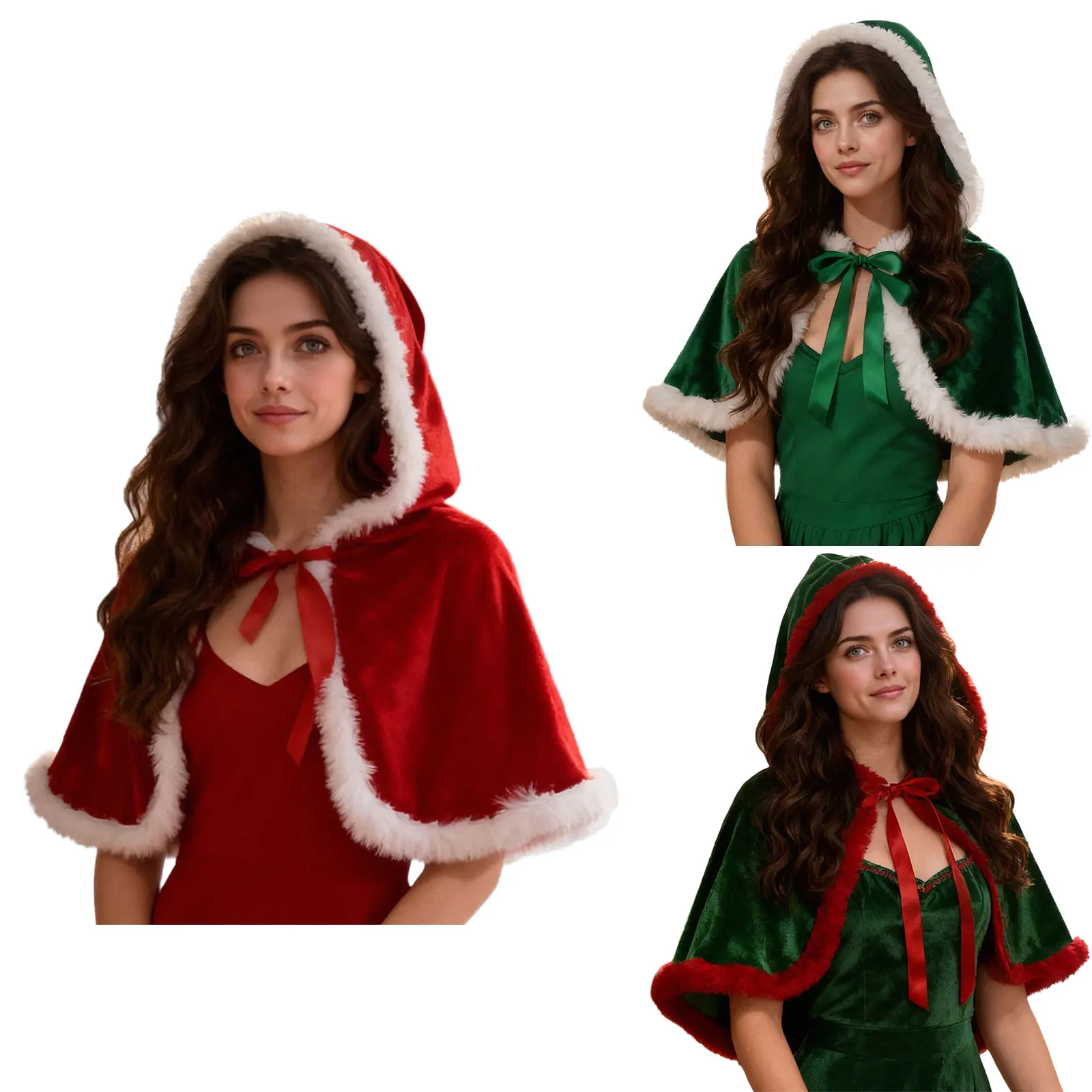 Christmas Hooded Cloak Shawl Women Santa Claus Costume Plush Trim Lace Up Velvet Cape Coat Halloween Xmas Party Cosplay Dress Up