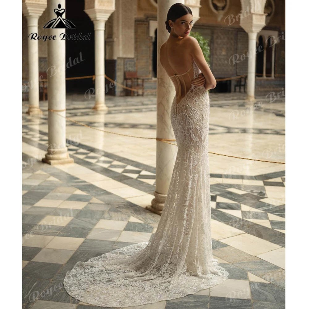 Strapless Allover Lace Mermaid Wedding Dress with Detachable High Neck Lace Bolero Floral Lace Bridal Gown  Customized