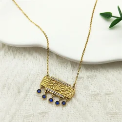 Arbic God Allah Quran Square Medal Rhinestone Flower Necklace for Women Men Stainless Steel Gold Color Islamic Chain Jewelry