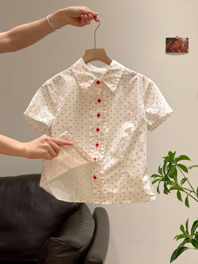 Ladies Kawaii Sweet Polka Dot Polo Shirt Y2k Vintage Slim Button Front Blouse Casual Harajuku Daily Short Sleeve Summer New Tops