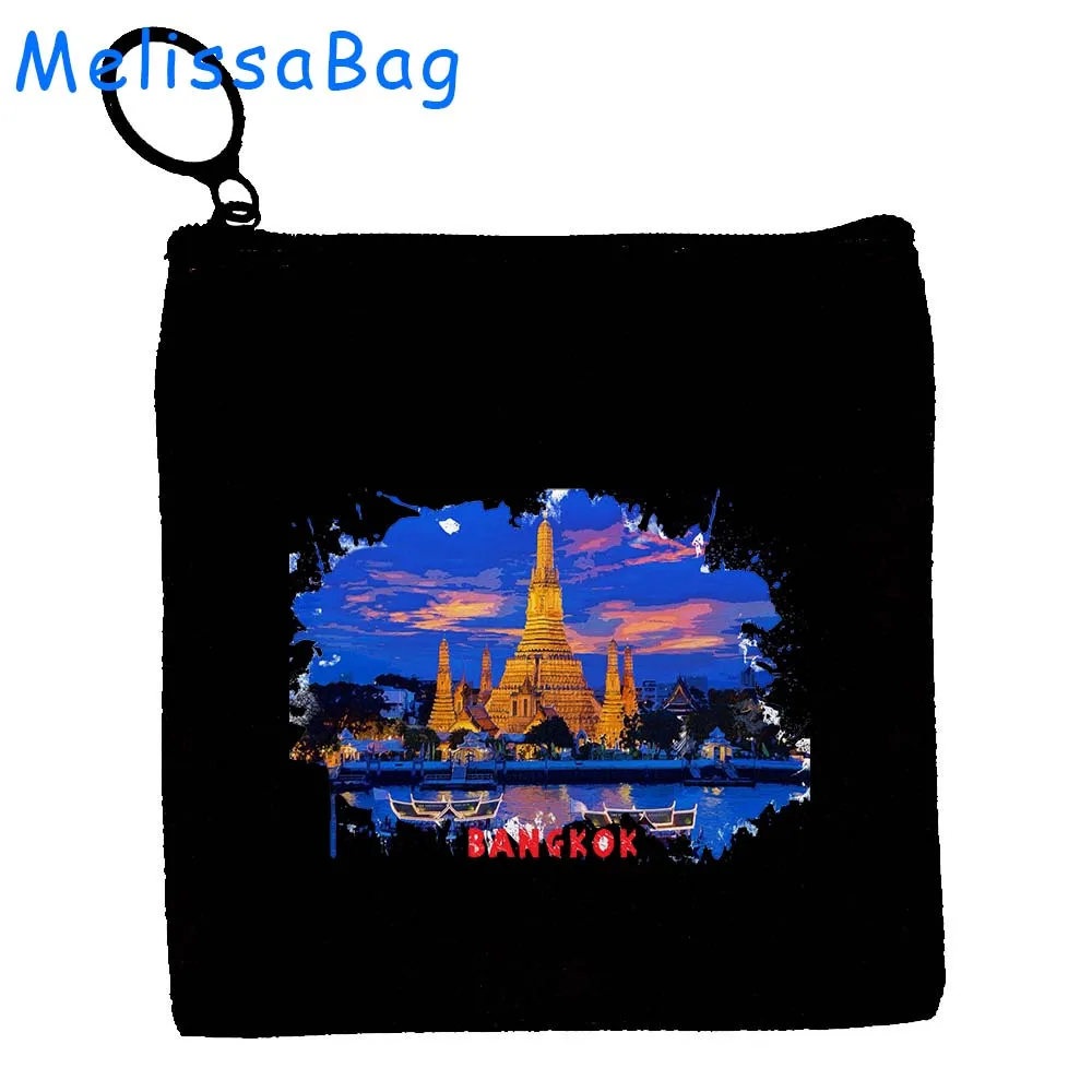 Bolso pequeño con cremallera para llaves, bolsa de lona con pintura de tinta de acuarela de Bangkok, Tailandia, Hanói, Vietnam, Havana, Cuba, regalo