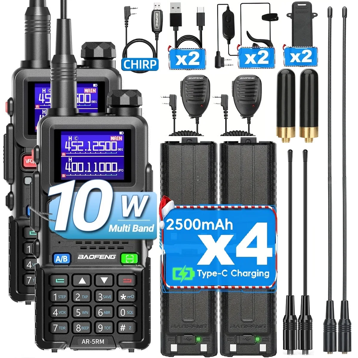 

BAOFENG 5RM Многодиапазонная рация 10 Вт Беспроводное копирование частоты Type-C Зарядное устройство 999CH NOAA K5 PLUS для радиолюбителей UV-5R UV-5RH
