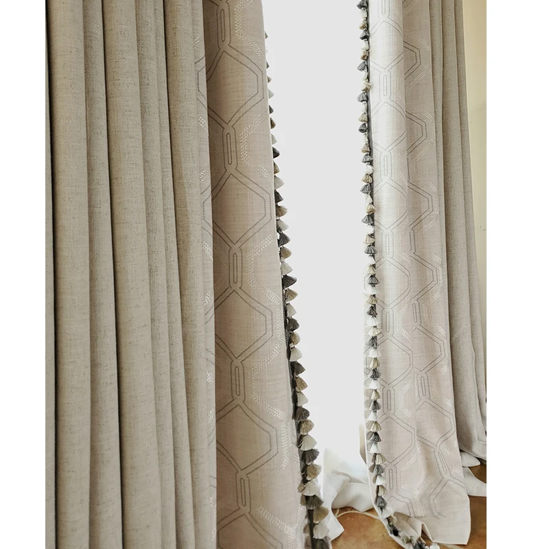 Chinese Style Milk Tea Color Beige Cotton and Linen Jacquard Splicing Curtains for Bedroom Living Room Villa Customized Products