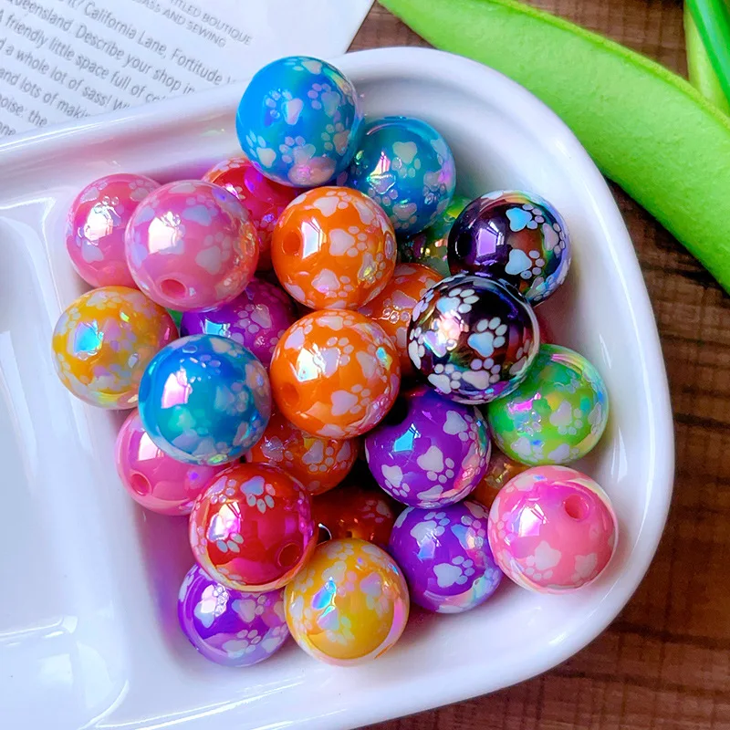 10Pcs UV AB Coated Mixed Cat Paw Print Round Beads Straight Hole Loose Beads For Handmade Jewelry Making Supplies