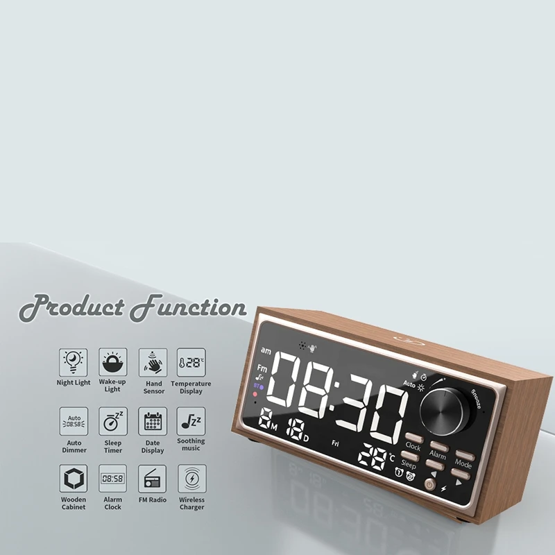 Vintage Dual Alarm Clock Radio With Wireless Charging, FM Radio, LED Display, Dimmer Control For Bedroom