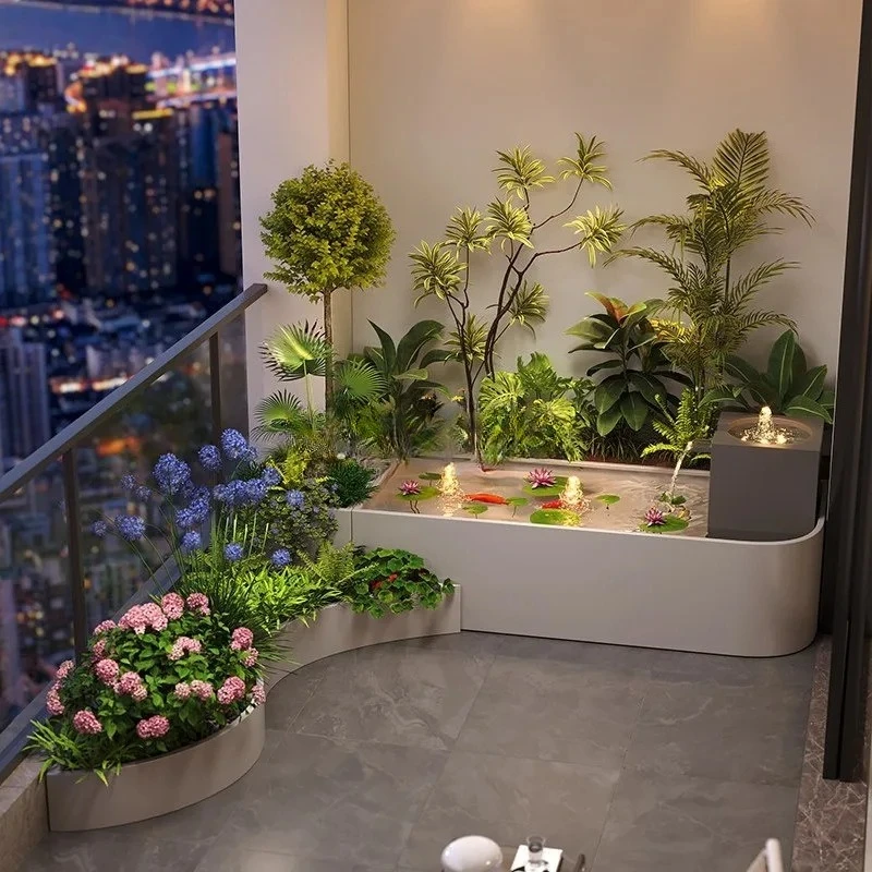 

Finished Stainless Steel Courtyard Water Ornament - Circulating Fountain Feature with Fish Pond Tank & Flower Box for Balcony