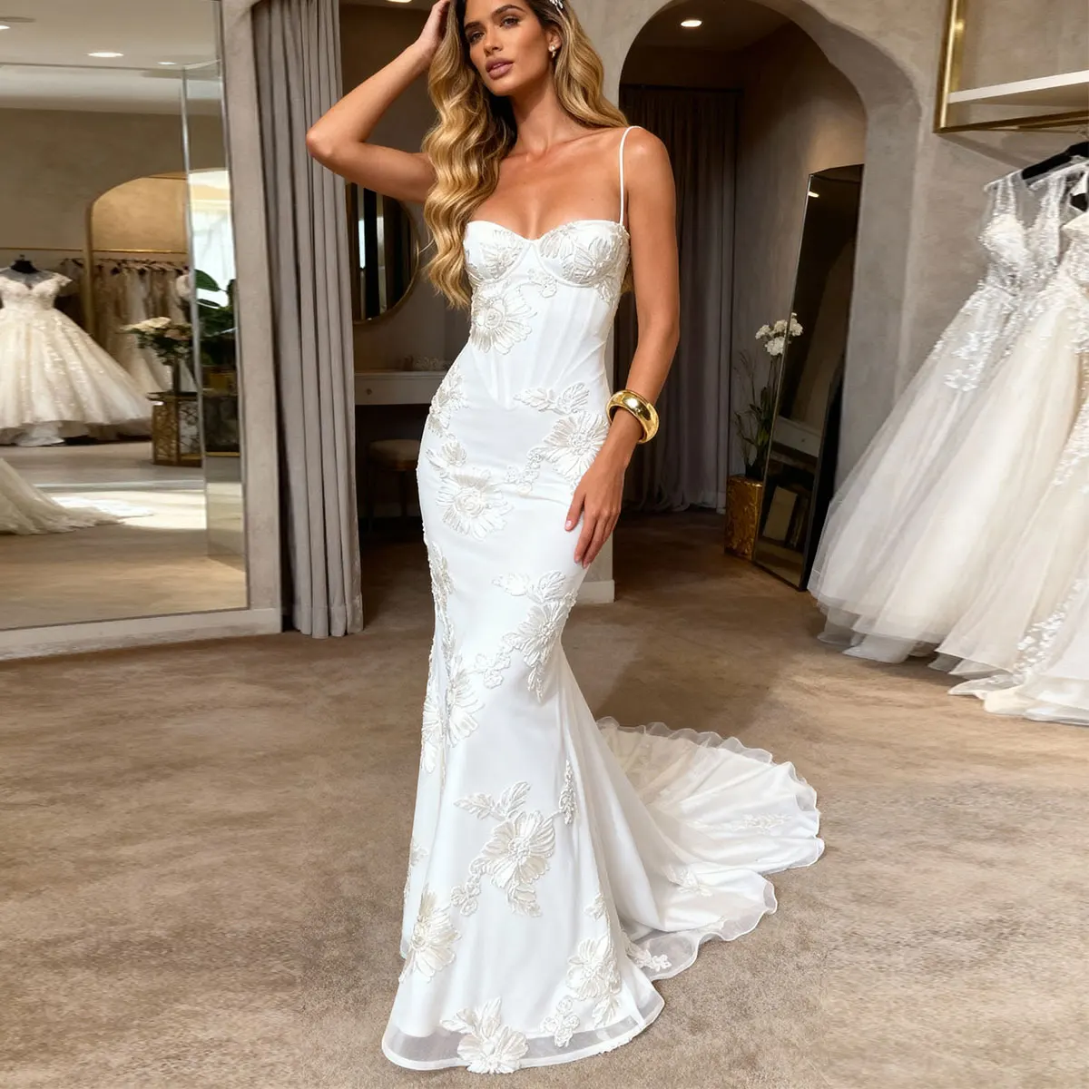 

Romantic Mermaid Lace V Neck Wedding Dresses With Train Sheath Backless Bridal Party Gown For Women Vestidos Novia