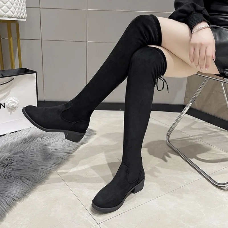 2025 Faux Wildleder Weibliche Heels Herbst Zipper Elastische Kniehohe Stiefel für Frauen Rohr Spitze-up Oberschenkel Hohe stiefel Schwarz Botas Mujer 41