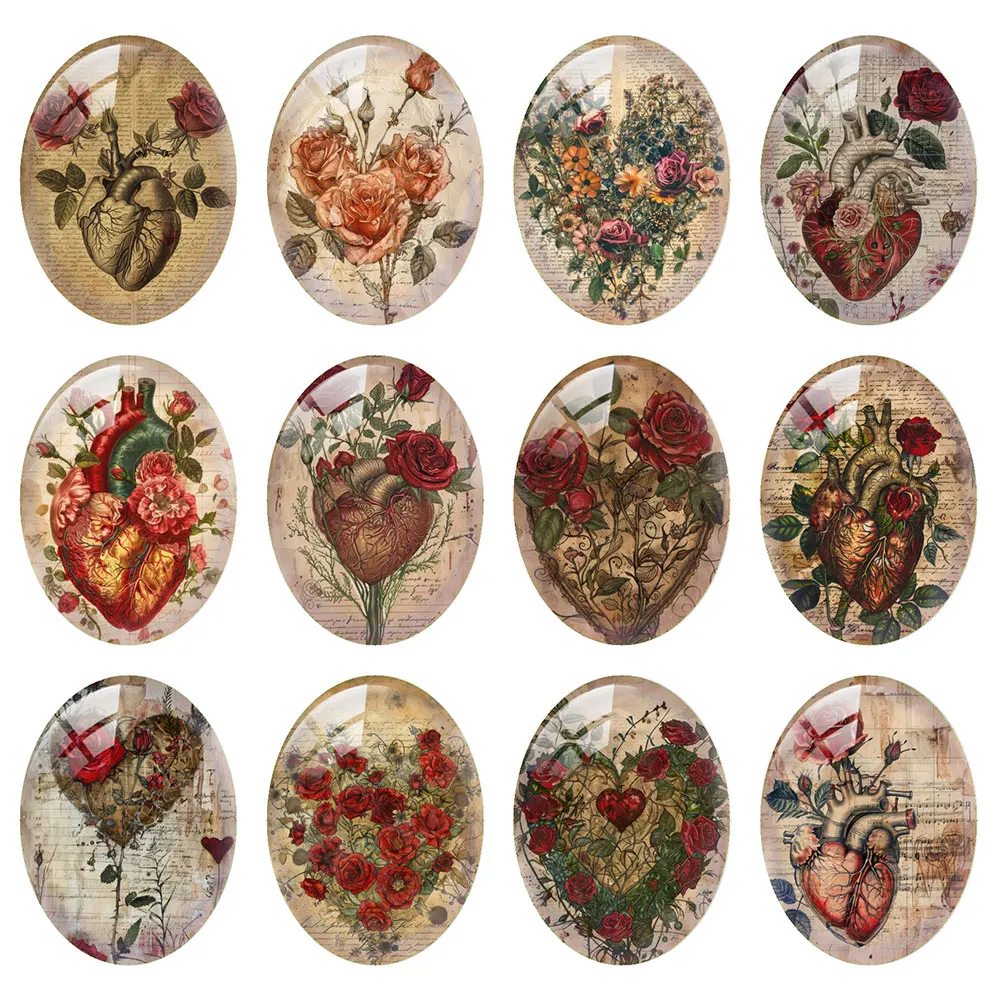 Random Mixed Round/Oval/Square Retro Dissecting Heart Rose Photo Glass Cabochon Flatback Demo Cameo For Diy Jewelry Making
