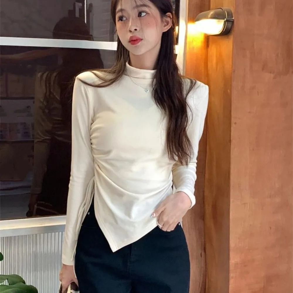 نصف الياقة العالية كم طويل تي شيرت غير النظامية قميص سليم الرباط البلوز قاع قميص بسيط المحاصيل الأعلى المرأة Y2k