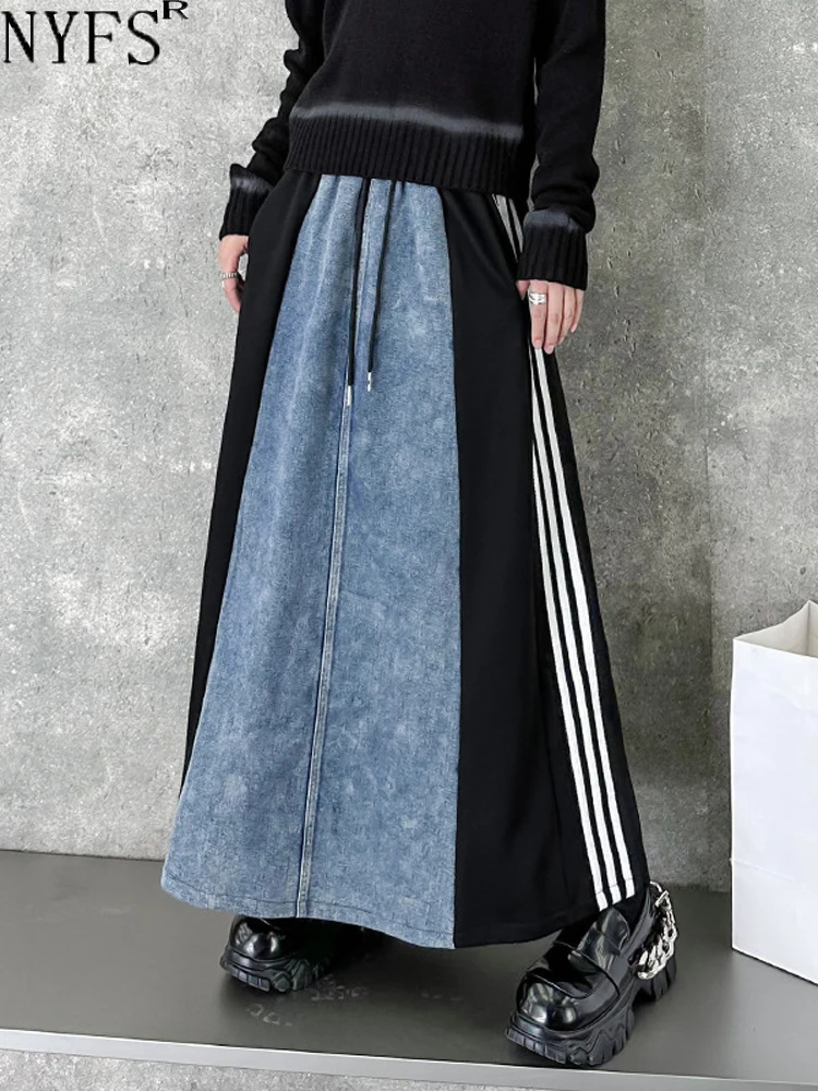 NYFS 2024 Spring Autumn New Vintage Woman Skirt Loose Plus Size High Waist Patchwork Denim Long Skirts Faldas Mujer Saias