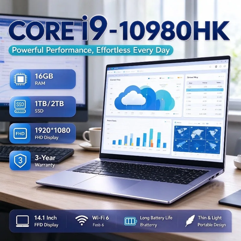 14.1 Inch Laptop Intel Core i9-10980HK 16GB RAM 1/2TB SSD Portable Windows Office Gaming Notebook PC WiFi BT New Fast Slim HD
