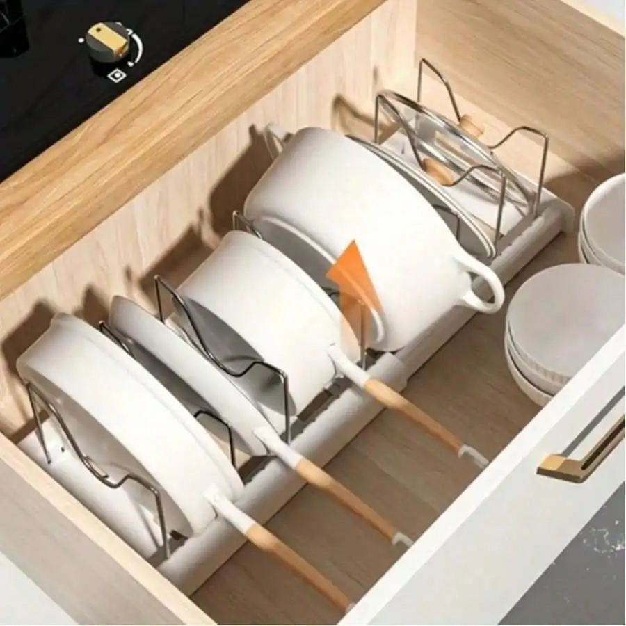 Expandable Pot & Pan Organizer: 7 Adjustable Stainless Steel Dividers - Durable, Rust-Resistant Cabinet Storage