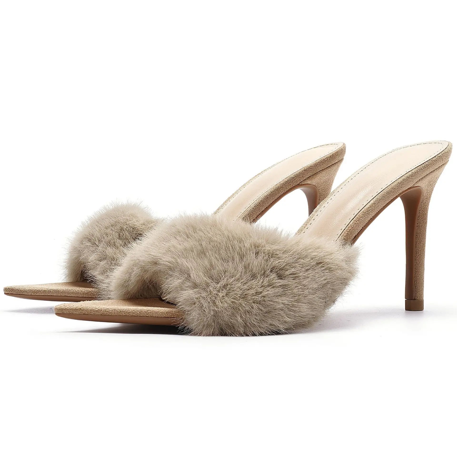New non-grinding feet fluffy shoes high heels slippers pointed thin heels comfortable and versatile fashion women's shoes