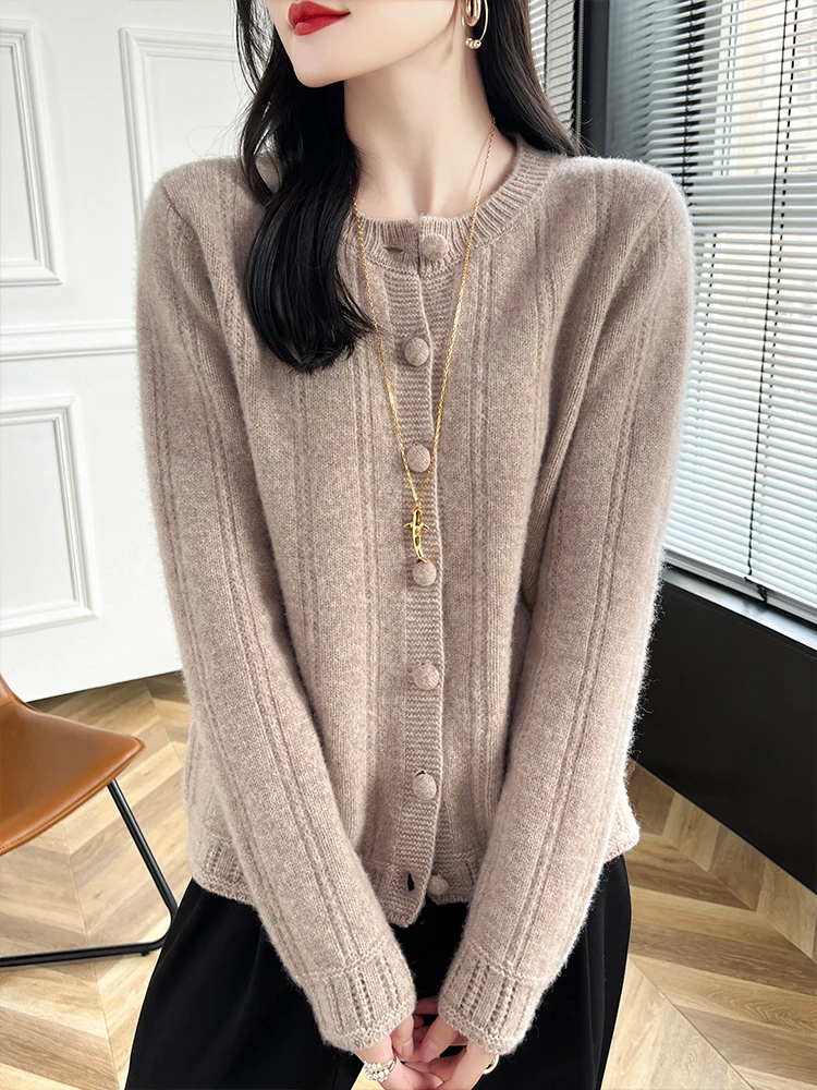 

Autumn Winter Women's Wool Cardigans O-neck Sweater Cashmere 100% Merino Wool Knitwear Hollow Out Long Sleeve Cozy Clothing Tops