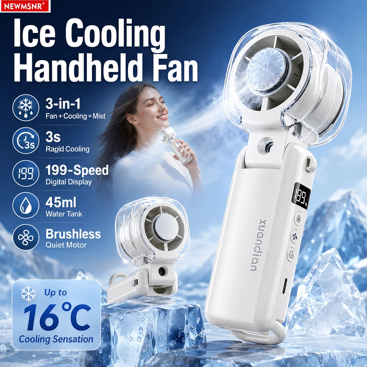NOVO Ventilador Portátil de Mão 3 em 1 com Spray de Névoa Refrescante, Ventilador Mini Recarregável com Display LED e 199 Velocidades para Viagens ao Ar Livre