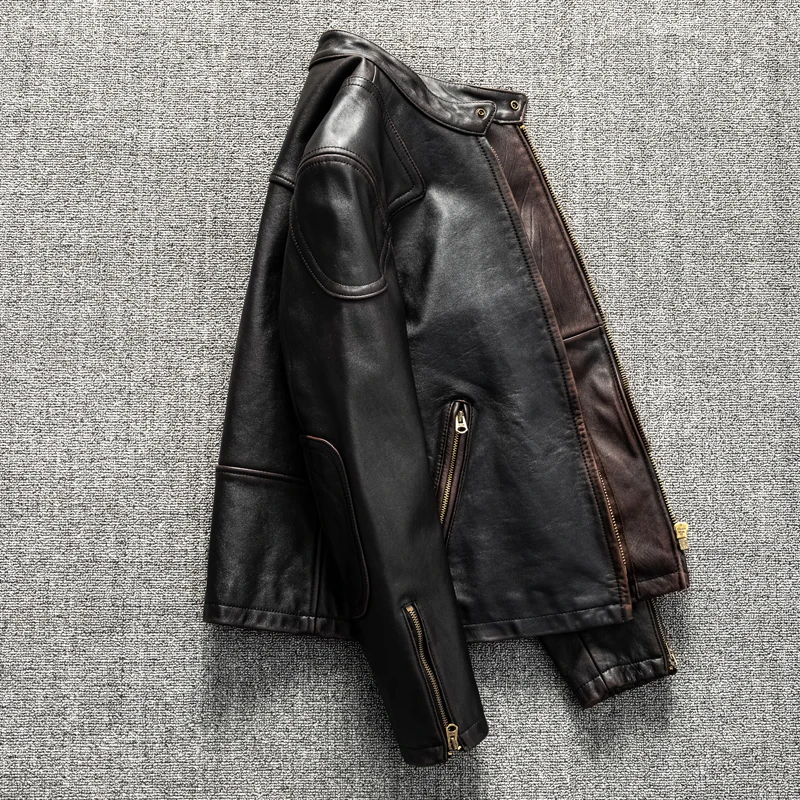 Heavy First Layer Real Leather Clothes Vintage Men's Motorcycle Leather Jacket Short Amekaji Wear American Casual Coat