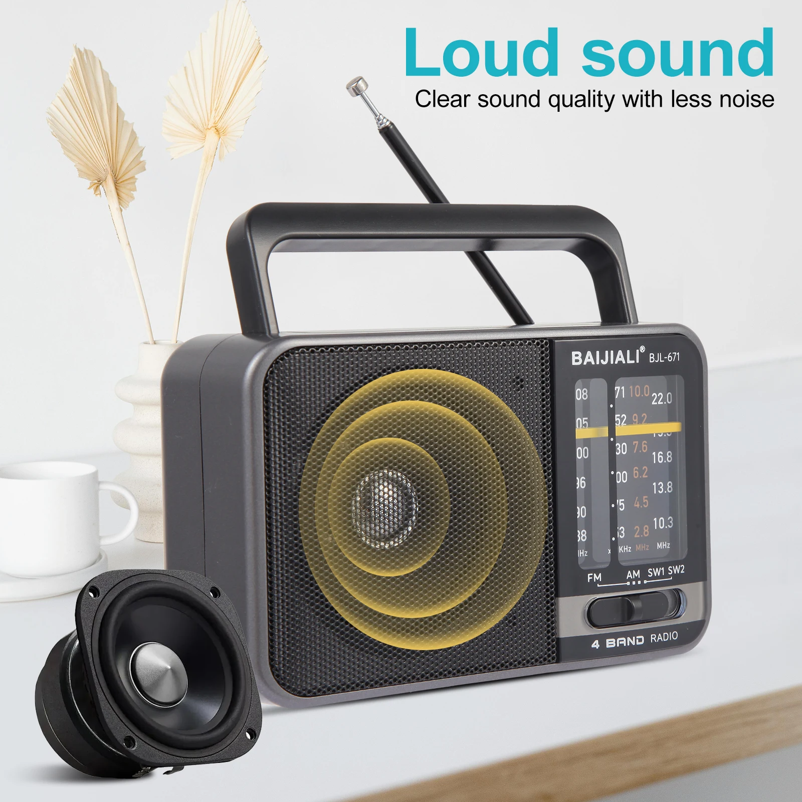 Портативное AM/FM-радио — питание от аккумулятора/USB, громкий динамик, компактное аварийное радио для путешествий, на открытом воздухе и хранения (BJL-671)