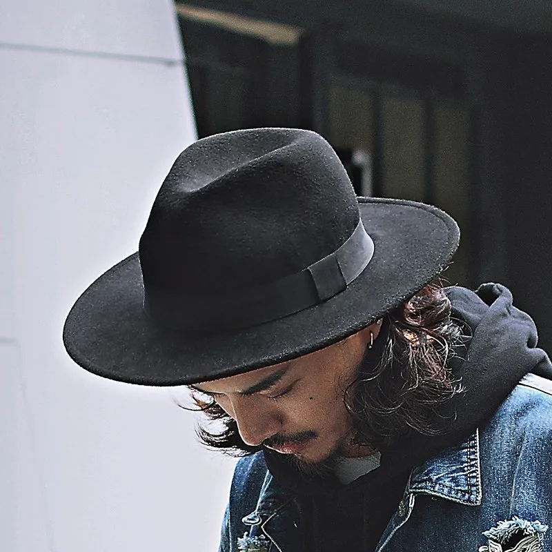 

Gentleman Vintage Felt Fedora Hat for Men British Style Classic Wide Brim Trilby Adjustable Black Jazz Cap for Formal & Casual