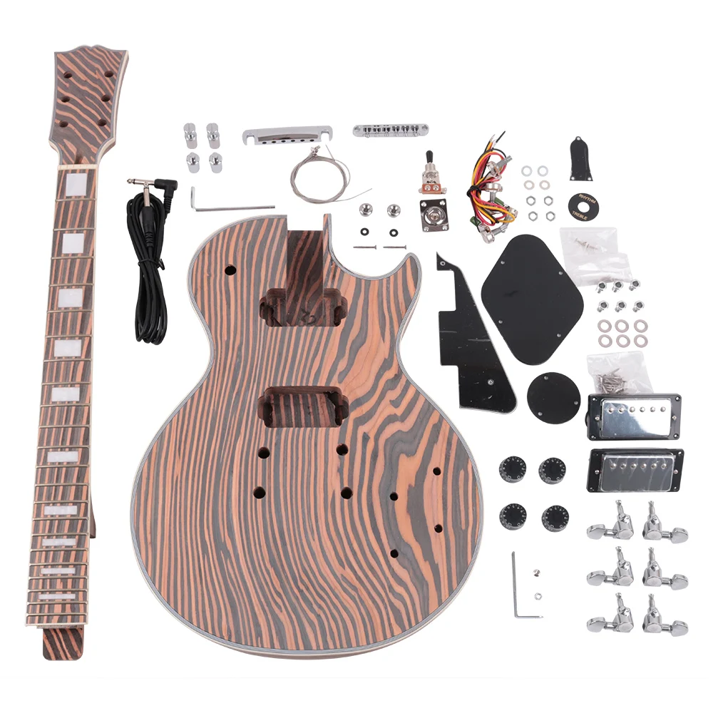 diy electric 6strings guitar kits zebrawood body and neck hh pickups tom bridge block inlay with chrome  hardware