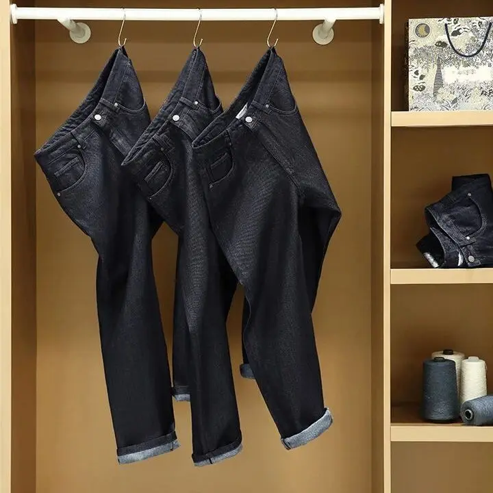 

Classic Straight Leg Blue Jeans Men's Winter Casual Simple Sle Deep Blue Denim Pants Luxury able Faion Trousers