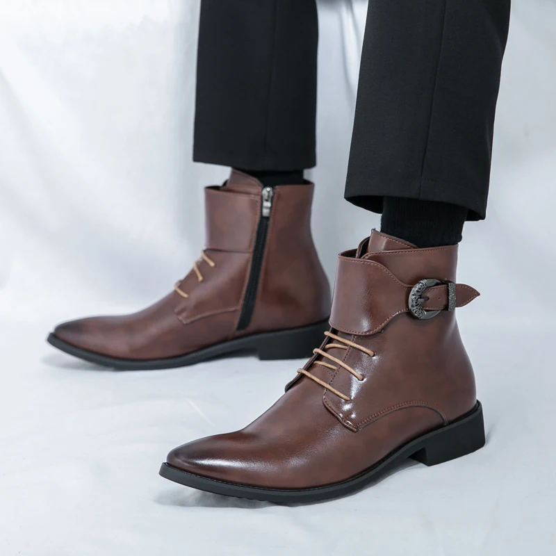 

Брендовая модная мужская удобная кожаная обувь с высоким берцем и пряжкой, осенняя коллекция, мужские высокие сапоги с острым носком, официальная кожаная обувь