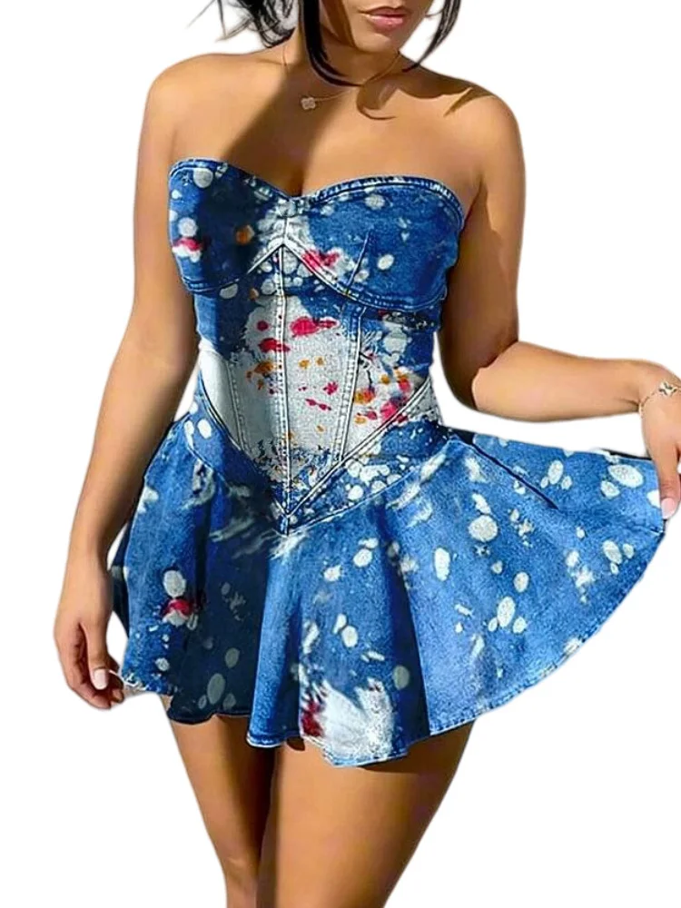 Benuynffy Y2K Print Denim Tube Mini Dress Women's Summer Streetwear Backless Zipper Tube Top Elastic Ruffled Sexy Dresses