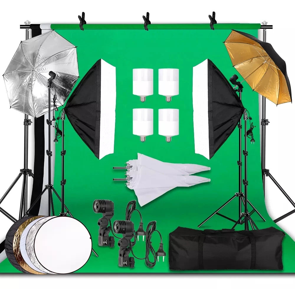 

Photography Photo Studio Softbox Lighting Kit With 2.6x3M Background Frame 3pcs Backdrops Tripod Stand Reflector Board 4Umbrella