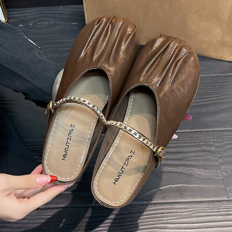 包頭爆発の女性は、ハーフケア春の外で靴を履くフレンチフォールドドゥドゥシューズ平底ハーフケアシューズ女性