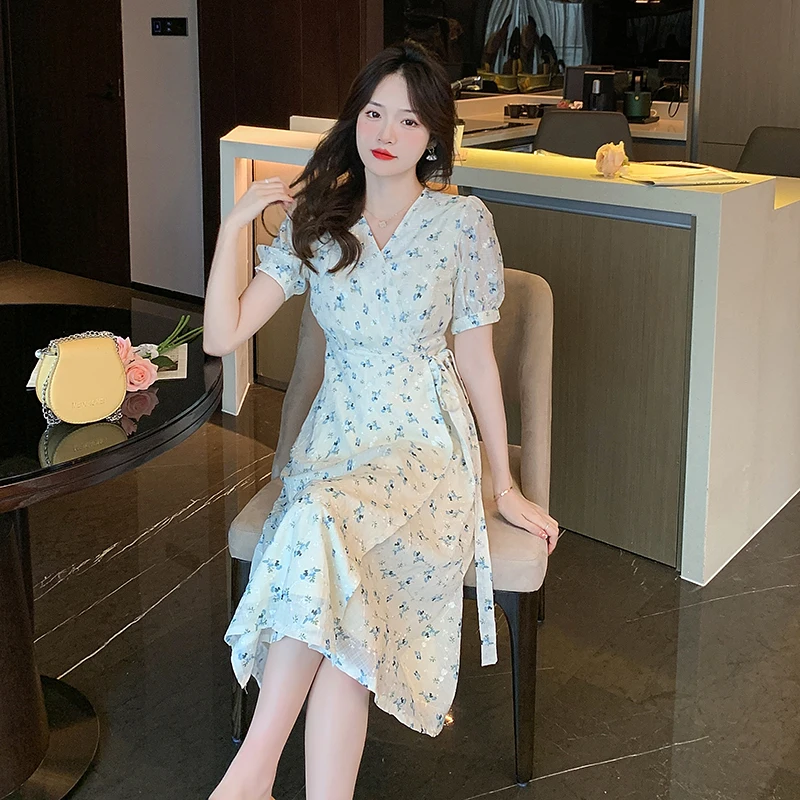 

Summer French Vintage Floral Dress for Women Cute Sweet Girls Short Sleeve V-Neck A Line Korea Japanese Style Clothes Harajuku