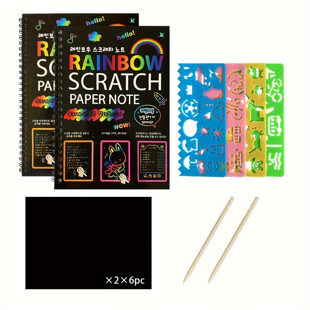 2-pak Rainbow Scratch Paper Children's Art Book Black DIY Rainbow Art Paper Card Neon Scratch Book with Wood Stick