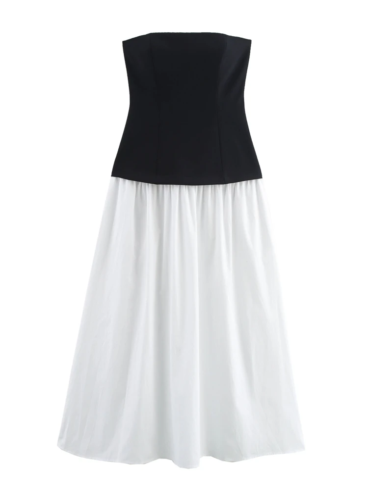 

OUROPEAN ZTATION 2025 Summer New Lady Fashion Dresses Strapless dress Elegant Woman slash neck Collar Sleeveless Top Midi Skirt
