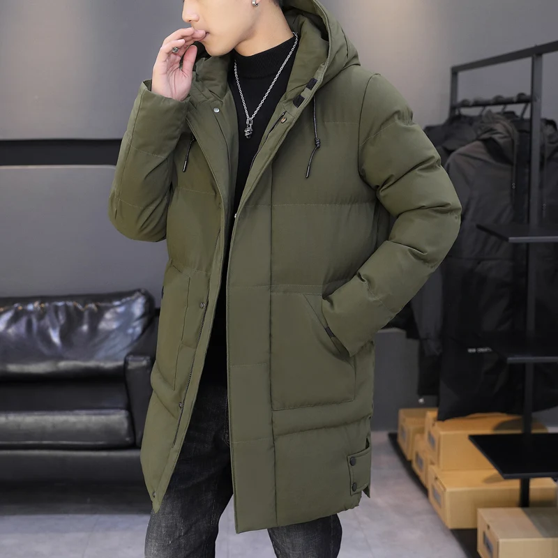 Parkas masculinas com capuz longo, casaco monocromático casual, moda coreana, nova marca, roupas de outono e inverno, 2023