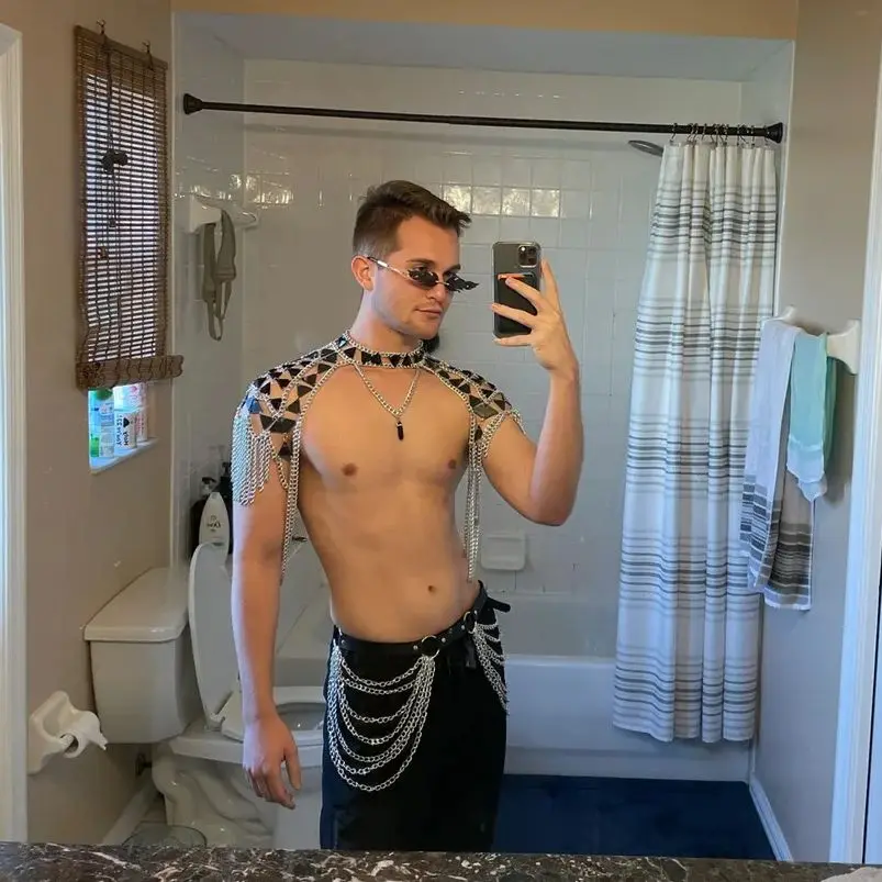 

European And American Men's Street Style Handcrafted Gemstone Shoulder Chain Fringe-Adorned Statement Top For Men