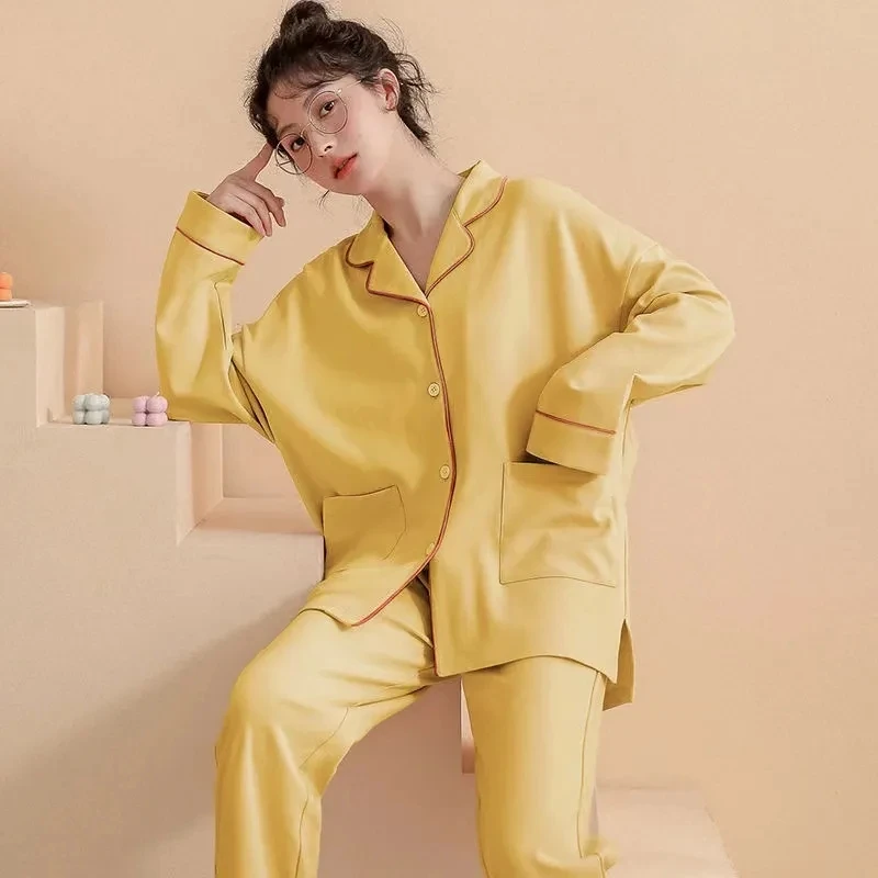 Cotton Women Cotton Pajamas Set for Women Autumn Long Sleeve Pyjama Sleepwear Homewear Loungewear Solid Color Pijama