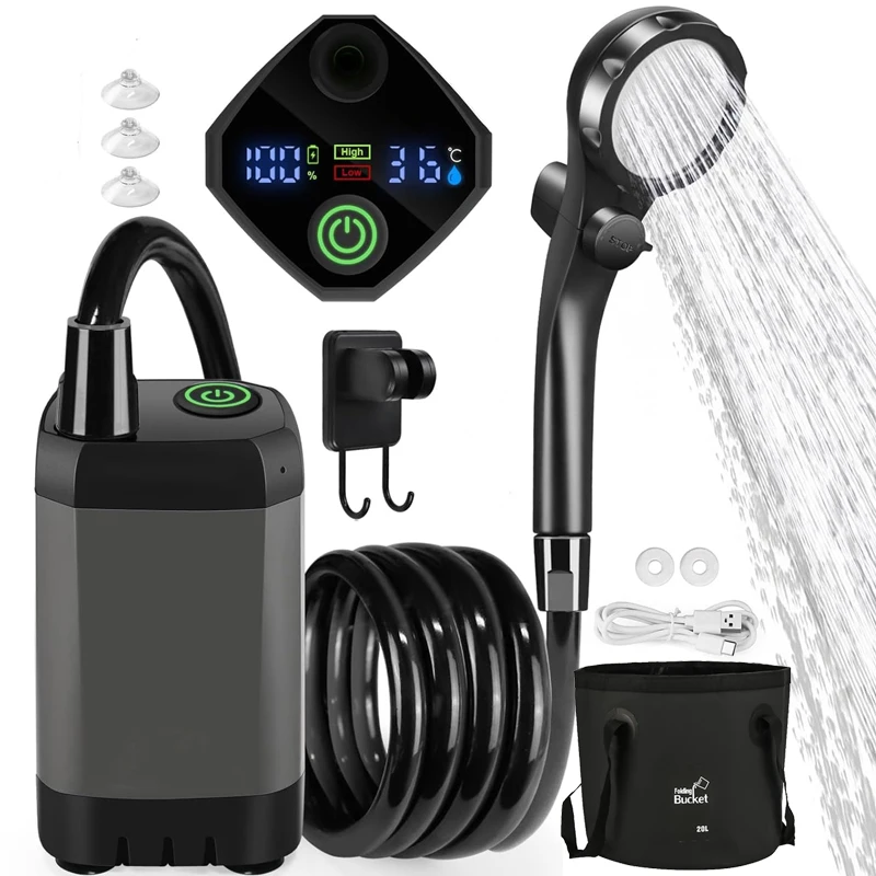 

Portable Camping Shower Equipment 6000mAh Rechargeable LED Display Screen Outdoor Simple Electric Mobile Shower Set