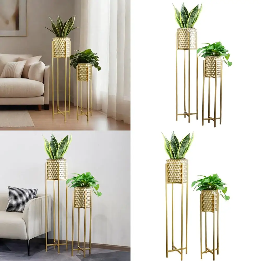 

Набор из 2 металлических кашпо с подставками, золотистое покрытие, для использования в помещении и на улице, высота 30 и 40 см, современный дизайн для дома и сада